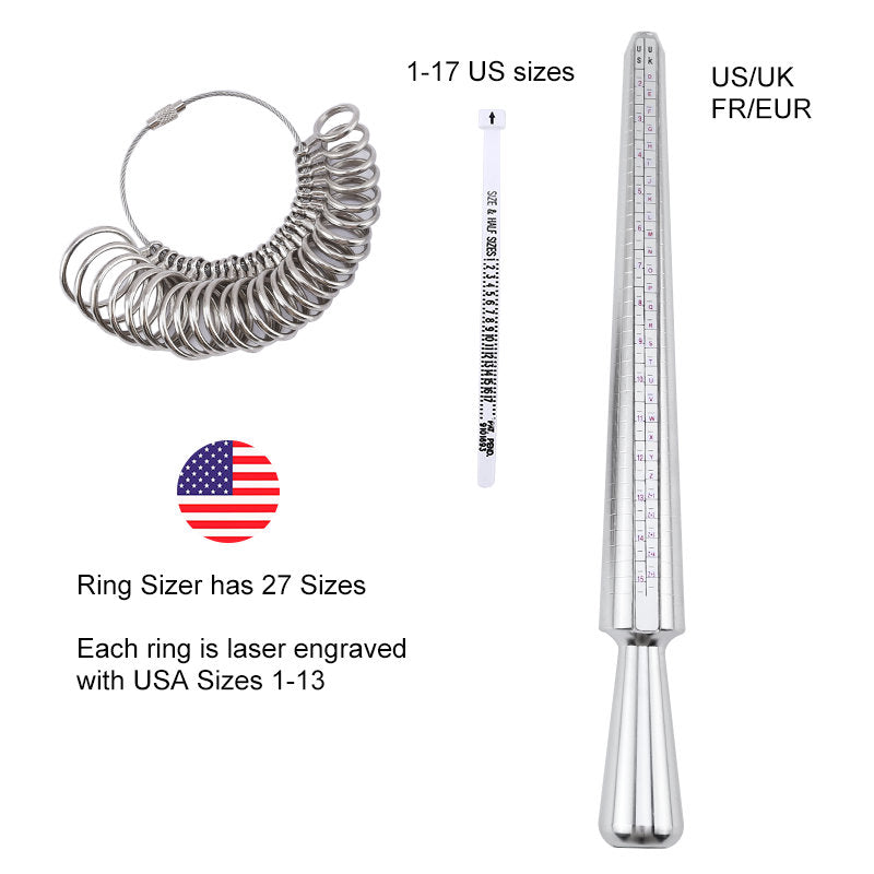 US UK Ring Sizer Measuring Tool Set Aluminum Ring Mandrel with Finger Gauges Metal Ring Sizer Tool Set For Jewelry Making DIY