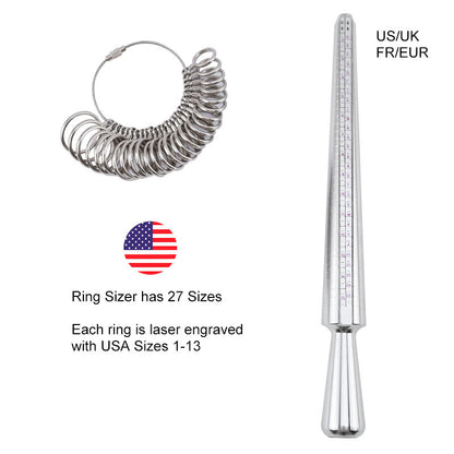 US UK Ring Sizer Measuring Tool Set Aluminum Ring Mandrel with Finger Gauges Metal Ring Sizer Tool Set For Jewelry Making DIY