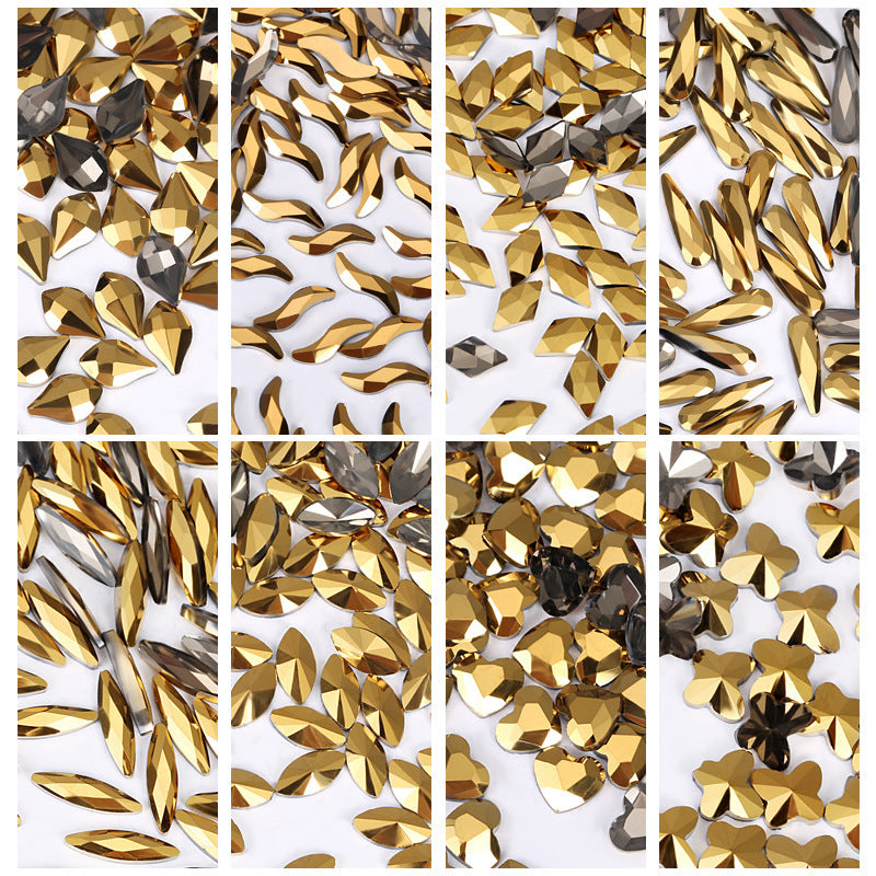 Flat bottom glass shaped rhinestone samples bright gold mixed size 50pcs/bag