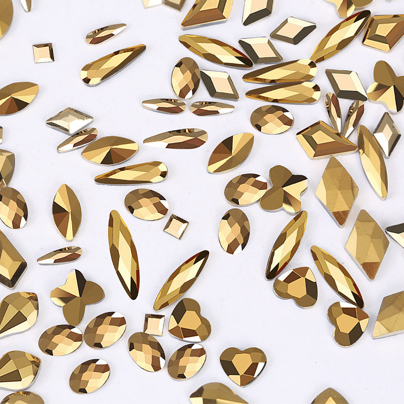 Flat bottom glass shaped rhinestone samples bright gold mixed size 50pcs/bag