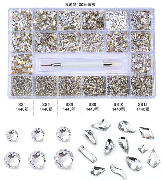 21 compartment boxed nail art flat glass shaped drill sample set